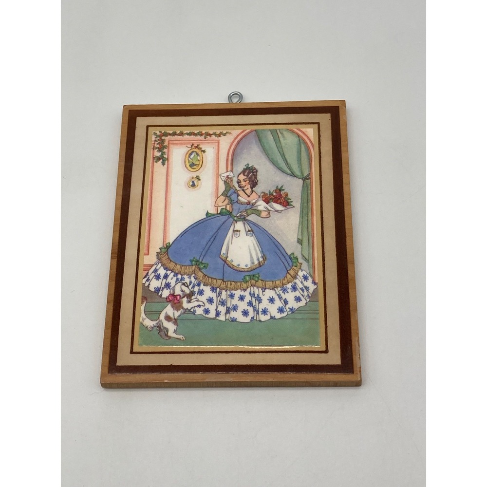 Vintage Decoupage Wood Wall Plaque Southern Belle Lady Blue Dress Dog Letter